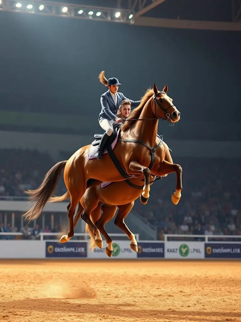 Adult riders participating in a vaulting demonstration, showcasing acrobatic skills on horseback, with a focus on teamwork and coordination.
