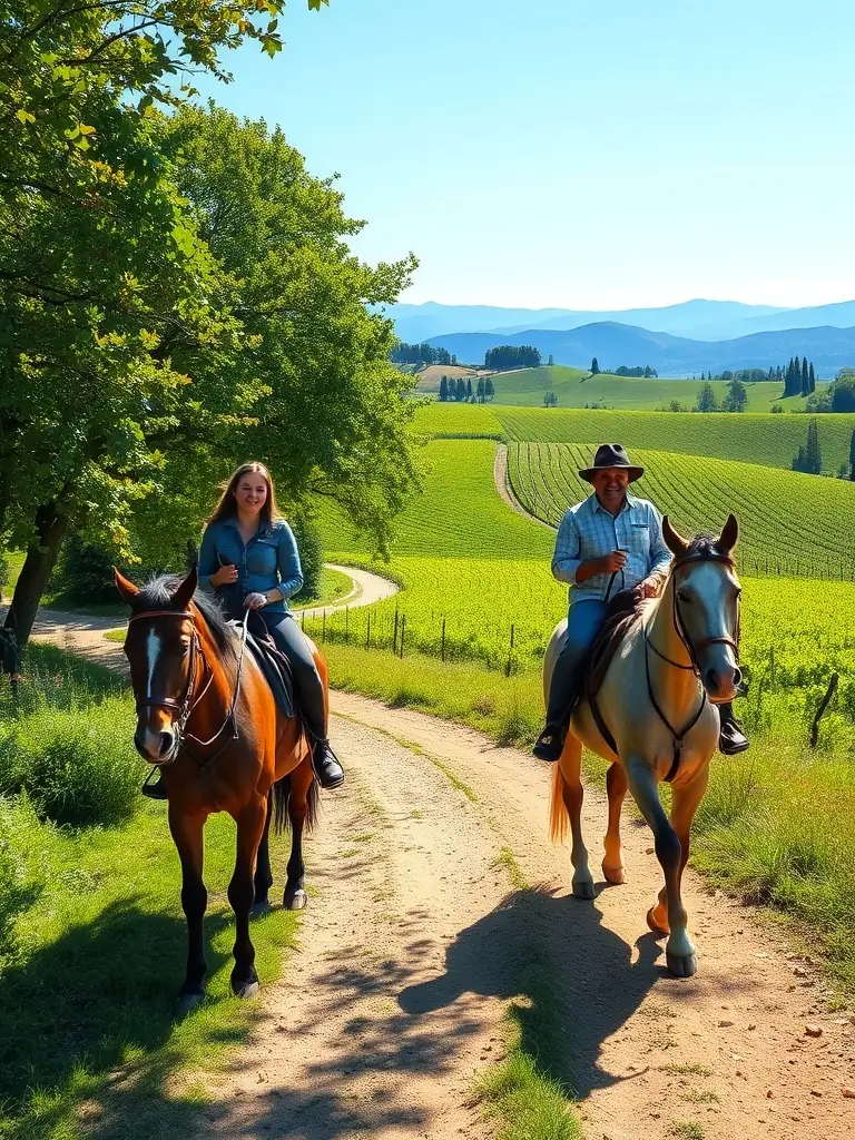 A group of riders enjoying a leisurely trail ride through the scenic Burgundy countryside, emphasizing relaxation and connection with nature.