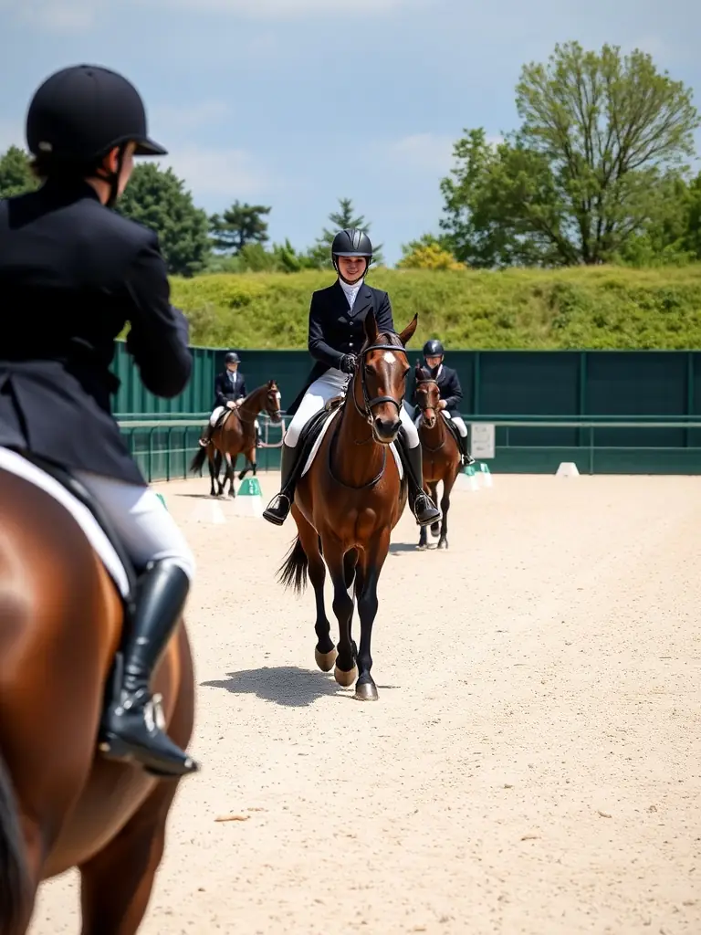 A group of adult riders participating in a dressage training session in a well-maintained arena, focusing on precision and control.