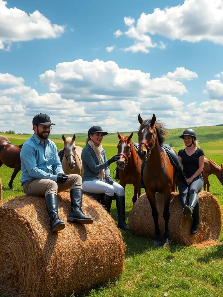 A group of adult riders laughing and sharing stories after a horse riding event in a sunny field in Burgundy, France.