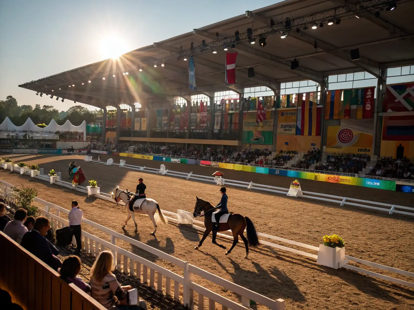 A vibrant image of riders participating in an official equestrian competition, showcasing the skill, precision, and excitement of the event.