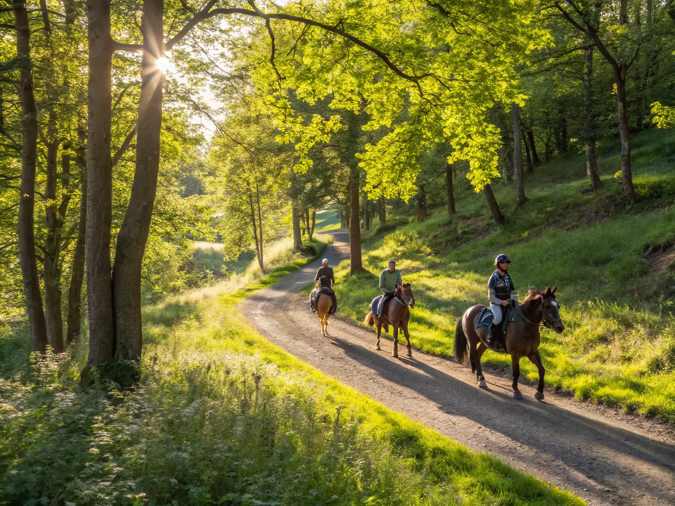 A scenic image of riders enjoying a leisurely trail ride through the Burgundy countryside, showcasing the beauty of the region and the joy of recreational riding.
