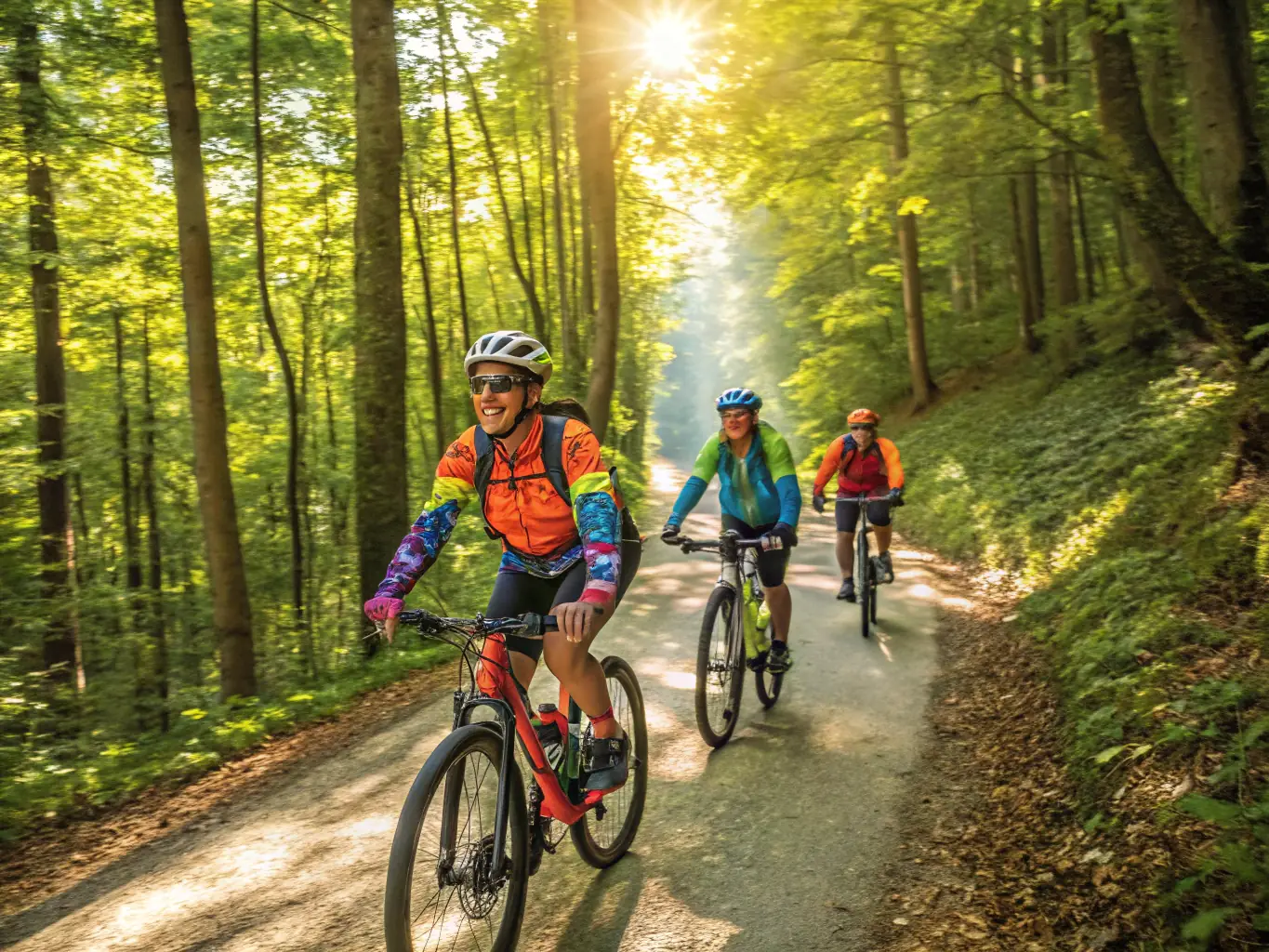An inspiring image of a group of riders participating in a community riding workshop outdoors, with lush scenery and smiling participants.