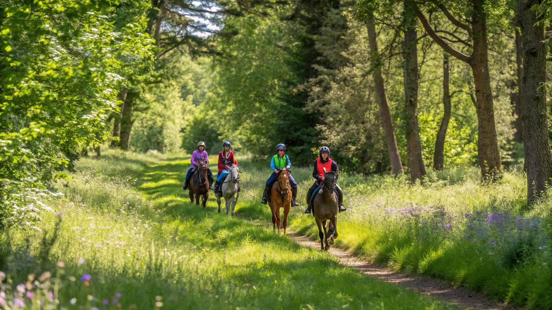 A group of adult riders participating in a horse-riding event in the countryside.