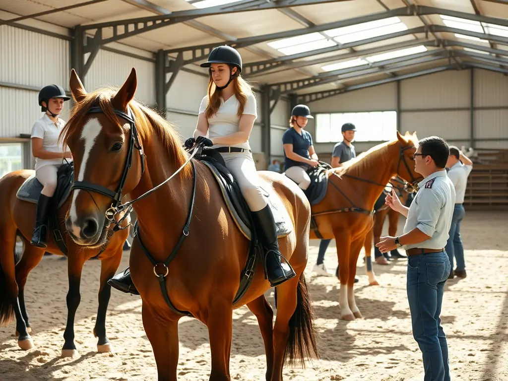 Adult riders participating in a horse-riding workshop, learning new techniques and improving their horsemanship under the guidance of experienced instructors.