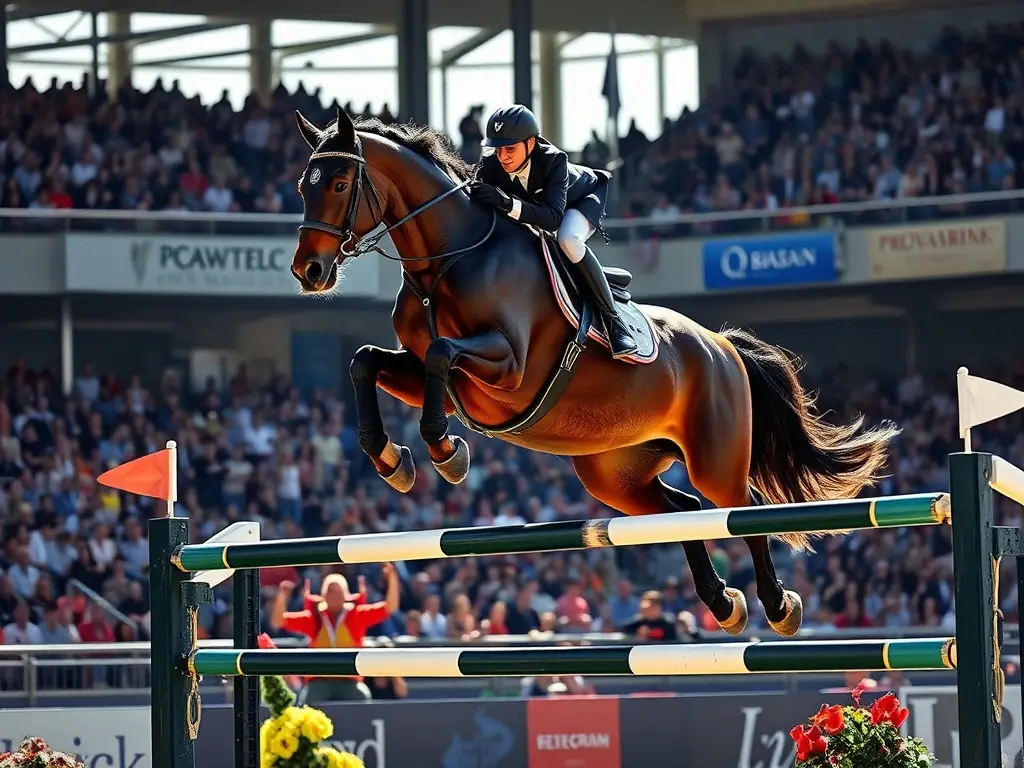 A dynamic image of riders competing in a show jumping event, with spectators and judges in the background, capturing the excitement and professionalism of our competitions.