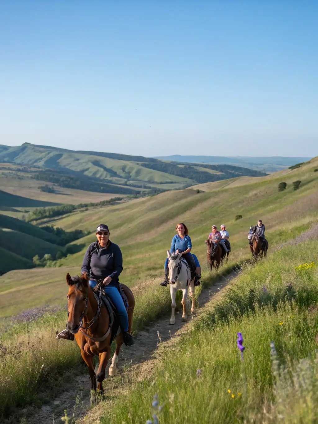 A scenic view of riders exploring the beautiful landscapes of Burgundy and Franche-Comté on horseback during a community ride.
