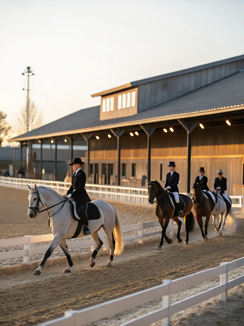 A group of adult riders participating in a dressage competition, showcasing precision and elegance in their movements, set against a backdrop of lush green fields and a clear blue sky.