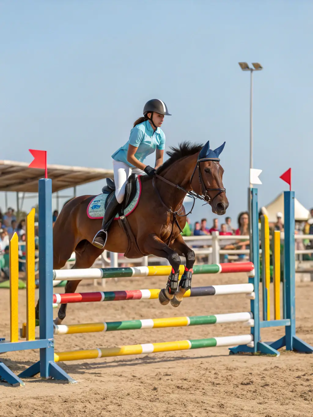 Adult riders jumping over obstacles during a show jumping competition, showcasing their agility and horsemanship.