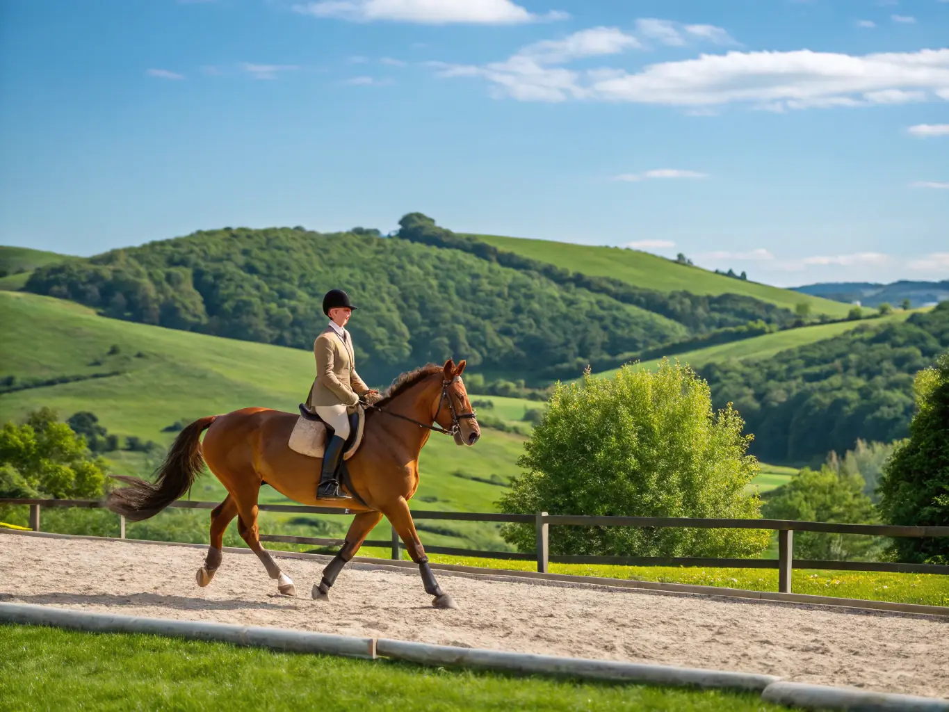 A scenic image of riders participating in an equestrian development workshop, with instructors providing guidance and support.