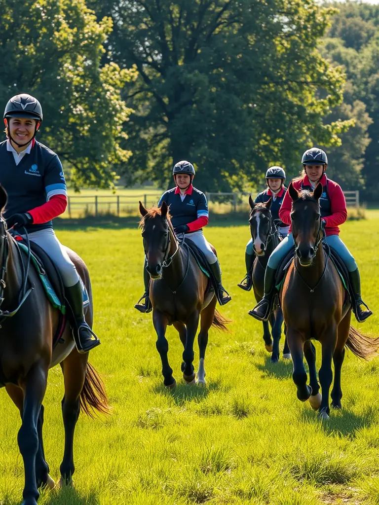 A diverse group of riders participating in an official equestrian competition, showcasing their skills and sportsmanship.